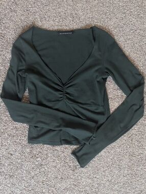 Brandy Melville Forest Green Ruched V-Neck Long Sleeve Top